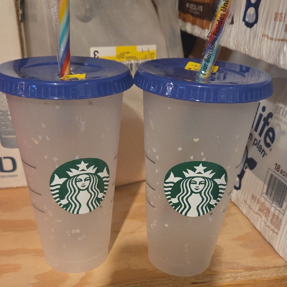 Starbucks Frosted Cups with Blue Lids